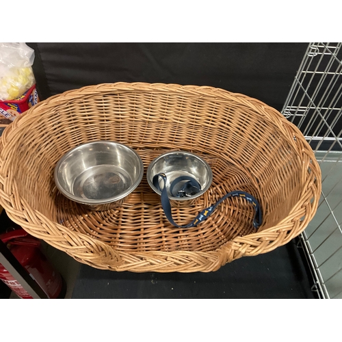 139 - FOLDING PET CRATE AND WICKER PET BASKET AND PET BOWLS