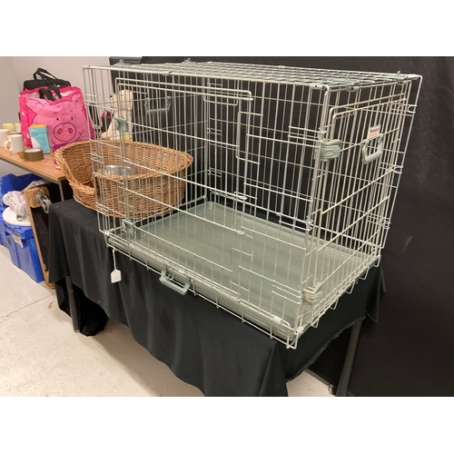 139 - FOLDING PET CRATE AND WICKER PET BASKET AND PET BOWLS