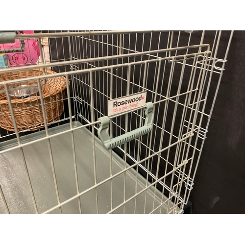 139 - FOLDING PET CRATE AND WICKER PET BASKET AND PET BOWLS