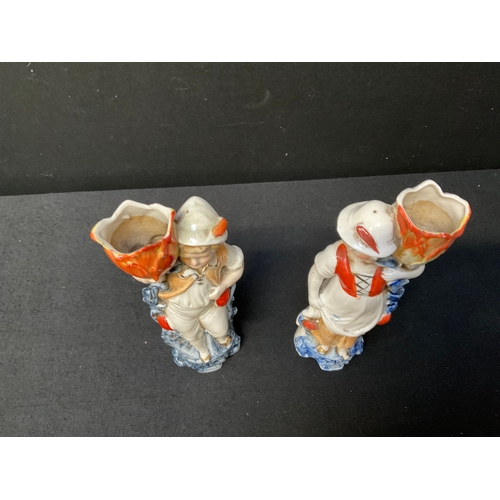 159 - 2 VICTORIAN STAFFORDSHIRE FLATBACK FIGURES A/F AND PAIR VICTORIAN SPILL VASES - A/F