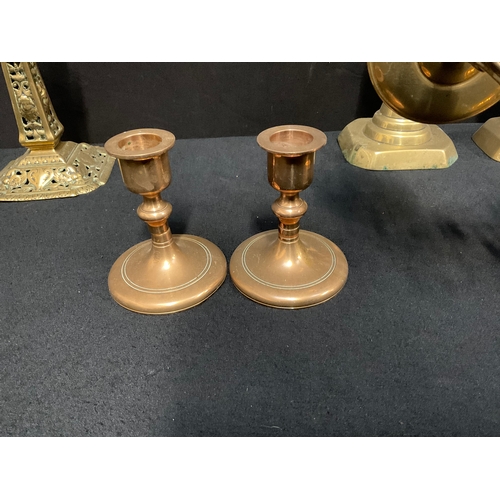 167 - PAIR OF VICTORIAN BRASS CANDLESTICKS, DECORATIVE WALL HANGING DOUBLE CANDLESTICK, PAIR OF DWARF CAND... 