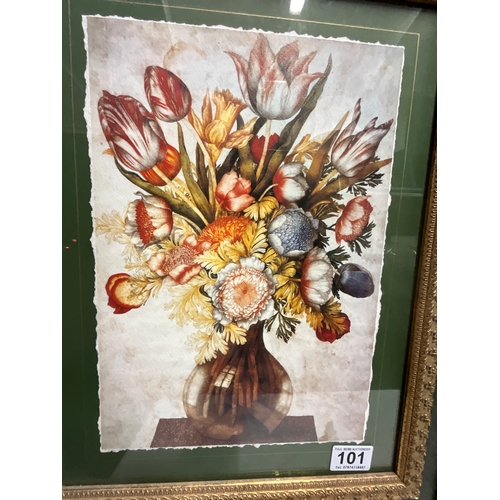 101 - PAIR OF GILT AND MARBLE EFFECT FRAMED PRINTS OF FLOWERS IN VASE 2 x MEASUREMENTS 24x20