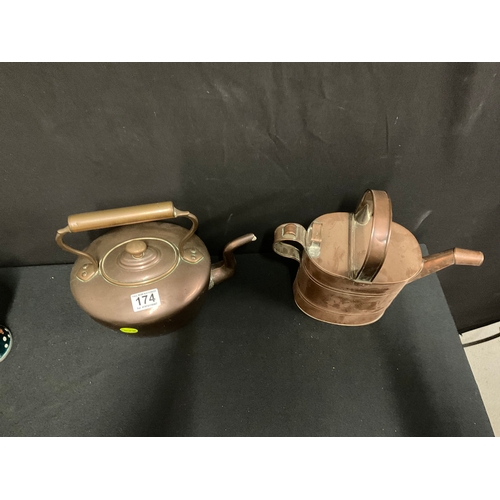 174 - VICTORIAN COPPER WATERING CAN & VICTORIAN COPPER KETTLE A/F