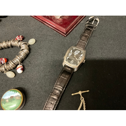 182 - QTY COLLECTABLES TO INCLUDE LADIES STORM WATCH, FOSSIL WATCH, DIESEL SUNGLASSES, WATERFORD CRYSTAL C... 