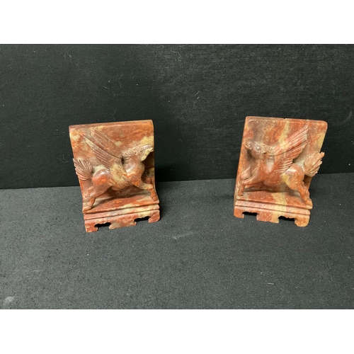 183 - PAIR OF SOAPSTONE BOOKENDS A/F, METAL HANDPAINTED SERVING TRAY, ART POTTERY SIGNED BOWL ETC