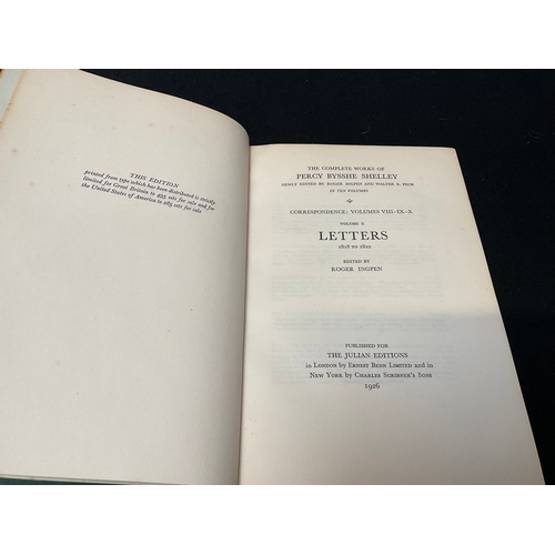 189 - 10 VOLUMES OF THE WORKS OF PERCY BYSSHE SHELLEY  TO INCLUDE LETTERS, PROSE AND POEMS