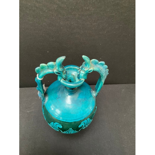 198 - TWIN HANDLED ORIENTAL STYLE GLAZED POTTERY VASE A/F