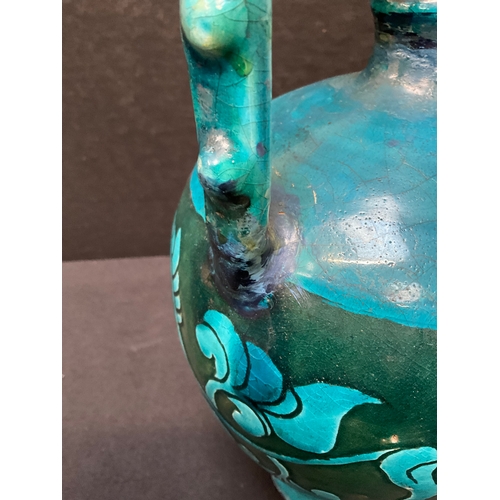 198 - TWIN HANDLED ORIENTAL STYLE GLAZED POTTERY VASE A/F