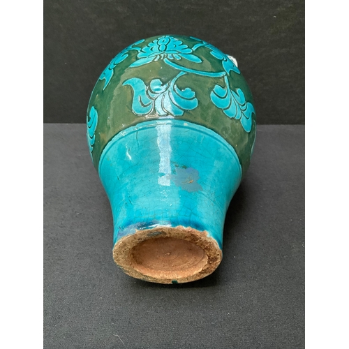 198 - TWIN HANDLED ORIENTAL STYLE GLAZED POTTERY VASE A/F