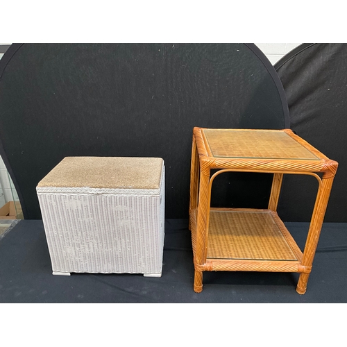 205 - PAINTED LLOYD LOOM LINEN BOX AND MODERN CANE LAMP TABLE WITH GLASS TOP