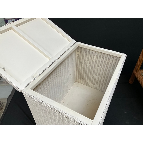 205 - PAINTED LLOYD LOOM LINEN BOX AND MODERN CANE LAMP TABLE WITH GLASS TOP