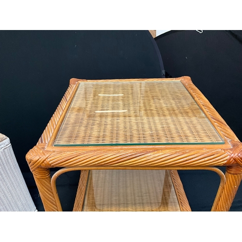 205 - PAINTED LLOYD LOOM LINEN BOX AND MODERN CANE LAMP TABLE WITH GLASS TOP