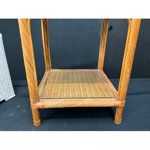 205 - PAINTED LLOYD LOOM LINEN BOX AND MODERN CANE LAMP TABLE WITH GLASS TOP