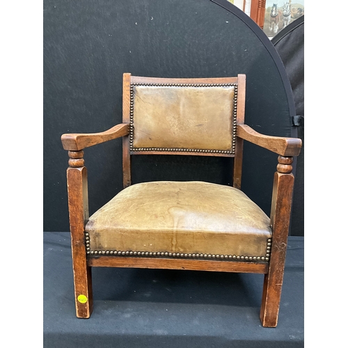 206 - VINTAGE OAK ARMCHAIR WITH LEATHER UPHOLSTERED SEAT AND BACK, MAHOGANY RUSH SEATED CHAIR BADGED LAHOR... 