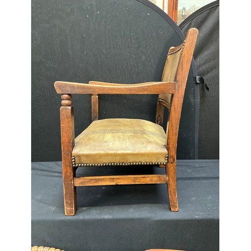 206 - VINTAGE OAK ARMCHAIR WITH LEATHER UPHOLSTERED SEAT AND BACK, MAHOGANY RUSH SEATED CHAIR BADGED LAHOR... 