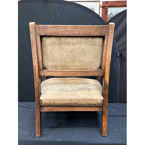 206 - VINTAGE OAK ARMCHAIR WITH LEATHER UPHOLSTERED SEAT AND BACK, MAHOGANY RUSH SEATED CHAIR BADGED LAHOR... 