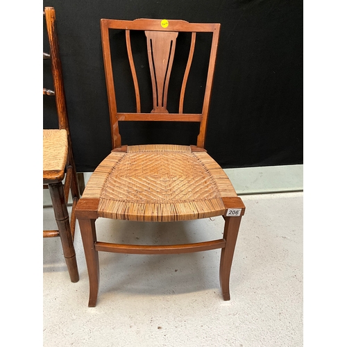 206 - VINTAGE OAK ARMCHAIR WITH LEATHER UPHOLSTERED SEAT AND BACK, MAHOGANY RUSH SEATED CHAIR BADGED LAHOR... 