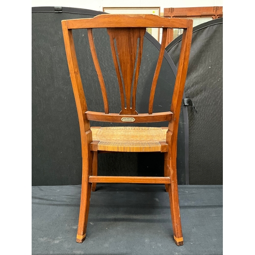 206 - VINTAGE OAK ARMCHAIR WITH LEATHER UPHOLSTERED SEAT AND BACK, MAHOGANY RUSH SEATED CHAIR BADGED LAHOR... 