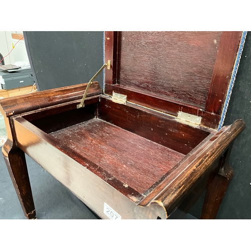 207 - VINTAGE MAHOGANY PIANO STOOL WITH UPHOLSTERED SEAT