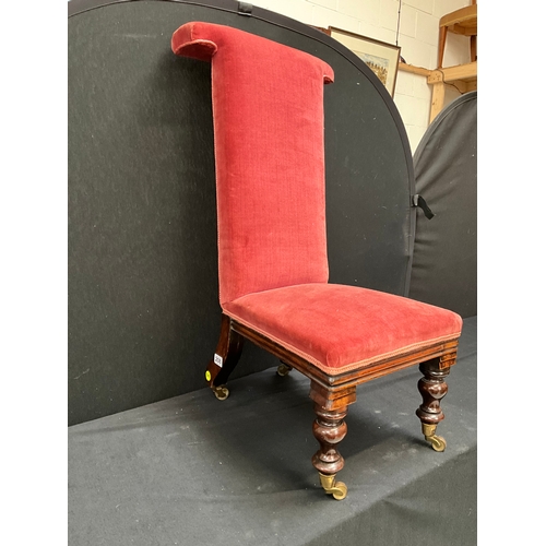 208 - VICTORIAN MAHOGANY UPHOLSTERED PRAYER CHAIR ON ORIGINAL BRASS CASTORS