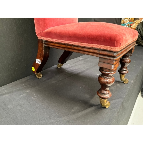 208 - VICTORIAN MAHOGANY UPHOLSTERED PRAYER CHAIR ON ORIGINAL BRASS CASTORS