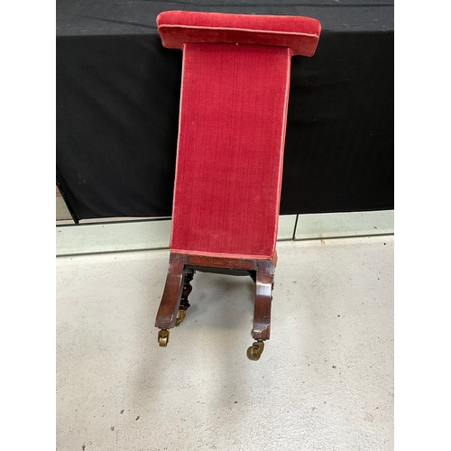 208 - VICTORIAN MAHOGANY UPHOLSTERED PRAYER CHAIR ON ORIGINAL BRASS CASTORS