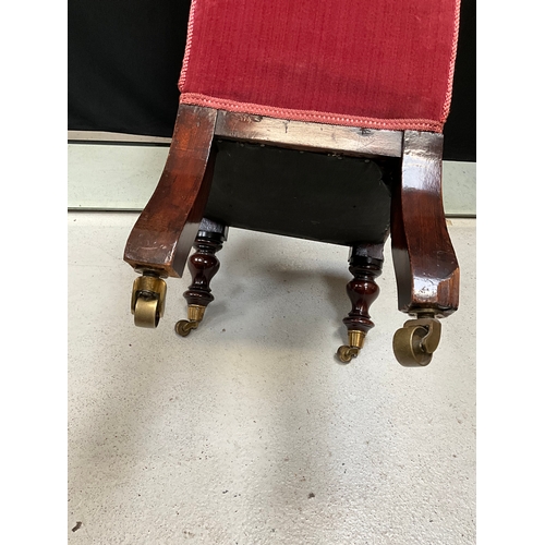 208 - VICTORIAN MAHOGANY UPHOLSTERED PRAYER CHAIR ON ORIGINAL BRASS CASTORS