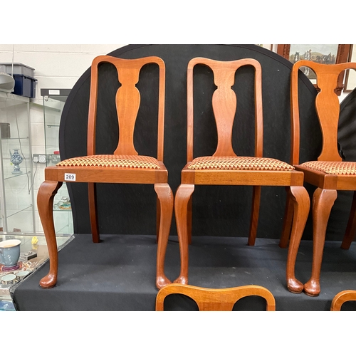 209 - 6 MAHOGANY HIGH BACK DINING CHAIRS ON CABRIOLE LEGS WITH UPHOLSTERED SEATS TO INCLUDE 2 CARVERS