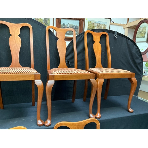 209 - 6 MAHOGANY HIGH BACK DINING CHAIRS ON CABRIOLE LEGS WITH UPHOLSTERED SEATS TO INCLUDE 2 CARVERS