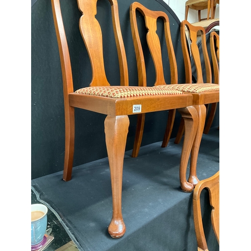 209 - 6 MAHOGANY HIGH BACK DINING CHAIRS ON CABRIOLE LEGS WITH UPHOLSTERED SEATS TO INCLUDE 2 CARVERS