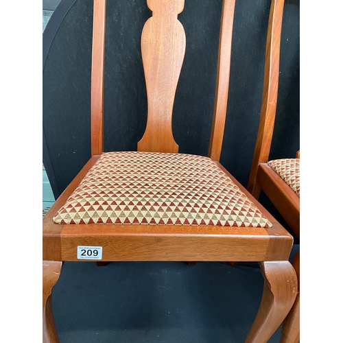 209 - 6 MAHOGANY HIGH BACK DINING CHAIRS ON CABRIOLE LEGS WITH UPHOLSTERED SEATS TO INCLUDE 2 CARVERS