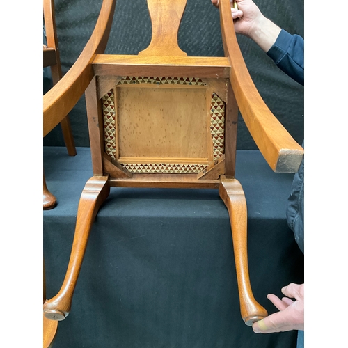 209 - 6 MAHOGANY HIGH BACK DINING CHAIRS ON CABRIOLE LEGS WITH UPHOLSTERED SEATS TO INCLUDE 2 CARVERS