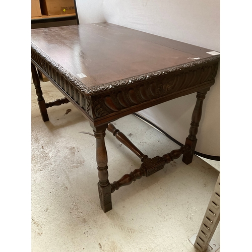 211 - VICTORIAN CARVED CENTRE TABLE WITH STRETCHERED CARVED BASE WITH DRAWER TO END A/F H30” L47” D30”