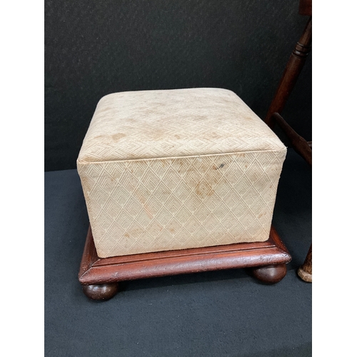 264 - EDWARDIAN MAHOGANY SEWING CHAIR AND VICTORIAN FOOT STOOL