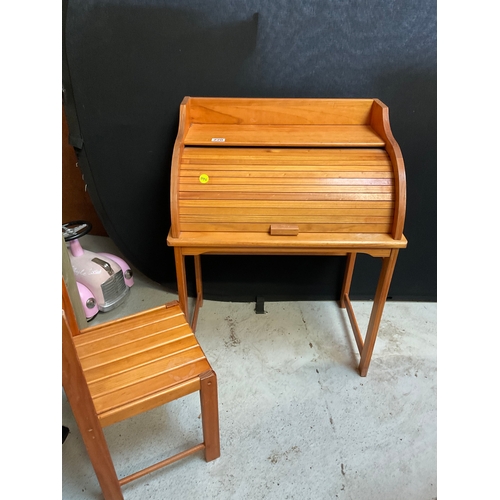 220 - MODERN PINE CHILDS ROLL TOP DESK AND CHAIR H33” L25” D17” A/F