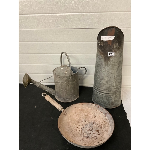 223 - GALVANISED COAL HOOD, WATERING CAN AND SAUCEPAN