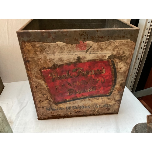 226 - BOX TO INCLUDE VINTAGE BISCUIT TIN, CHOCOLATE POT, 4 GLASS BOTTLES, SICKLE, BRISHING HOOK, SHEEP DAG... 