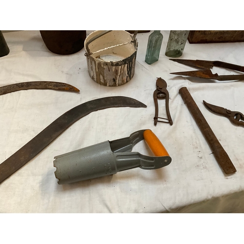 226 - BOX TO INCLUDE VINTAGE BISCUIT TIN, CHOCOLATE POT, 4 GLASS BOTTLES, SICKLE, BRISHING HOOK, SHEEP DAG... 