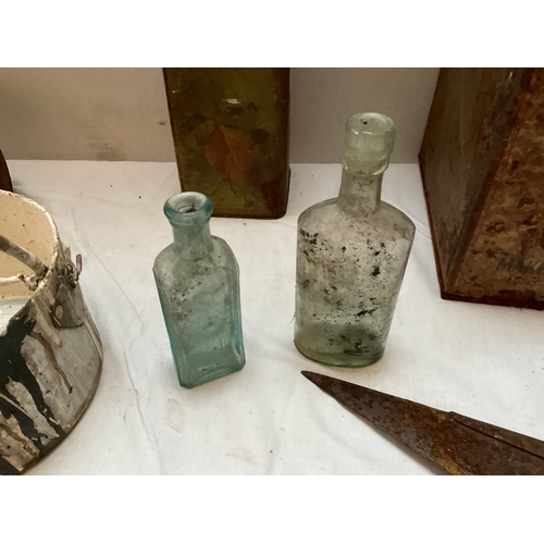 226 - BOX TO INCLUDE VINTAGE BISCUIT TIN, CHOCOLATE POT, 4 GLASS BOTTLES, SICKLE, BRISHING HOOK, SHEEP DAG... 