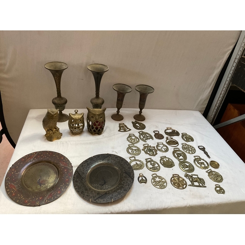 229 - BOX OF BRASSWARE TO INCLUDE INDIAN BRASS, MARTINGALES, OWLS ETC