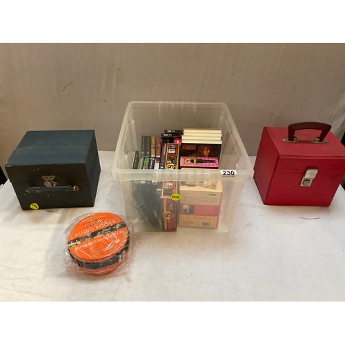 230 - BOX OF TAPES, AUDIO BOOKS, 2 CASES 45’S