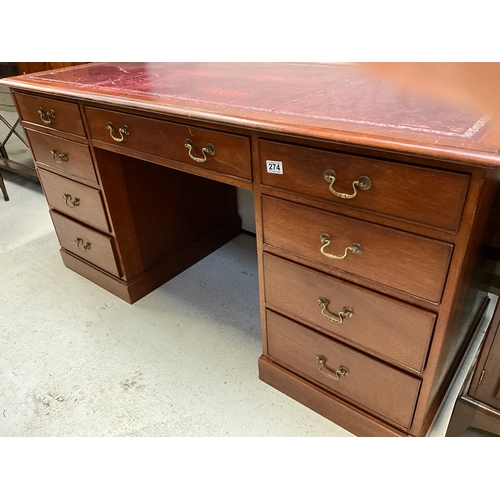 274 - REPRODUCTION MAHOGANY TWIN PEDESTAL KNEEHOLE DESK WITH 9 DRAWERS BADGED “GEOFFREY SPICER PONTESBURY ... 