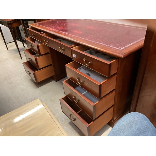 274 - REPRODUCTION MAHOGANY TWIN PEDESTAL KNEEHOLE DESK WITH 9 DRAWERS BADGED “GEOFFREY SPICER PONTESBURY ... 