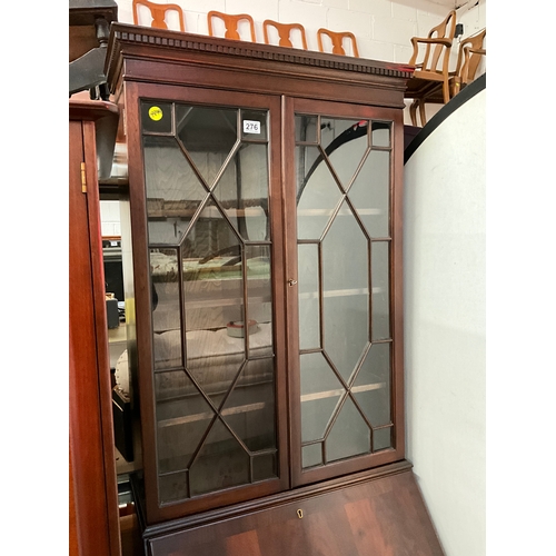 276 - FLAMED MAHOGANY ASTRICAL GLAZED BUREAU BOOKCASE WITH FITTED INTERIOR H80” W28” D19”