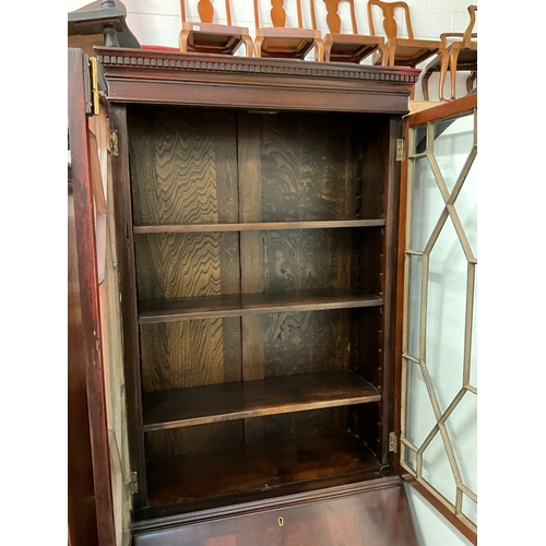 276 - FLAMED MAHOGANY ASTRICAL GLAZED BUREAU BOOKCASE WITH FITTED INTERIOR H80” W28” D19”