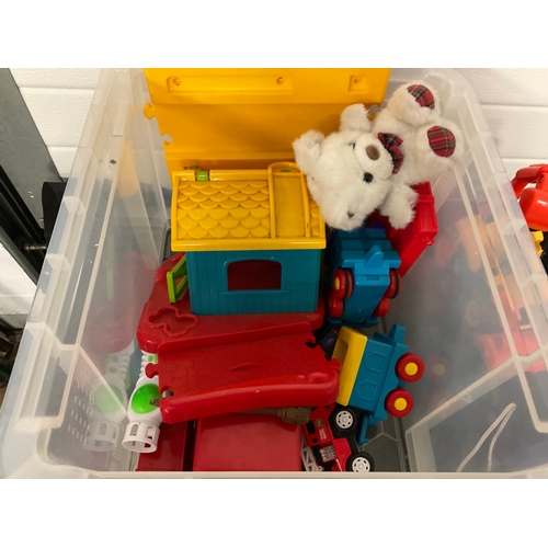 239 - CRATE AND BOX OF CHILDRENS TOYS TO INCLUDE EARLY LEARNING TRSIN AND TRACK, STORY BOOKS, ALPHABET BLO... 