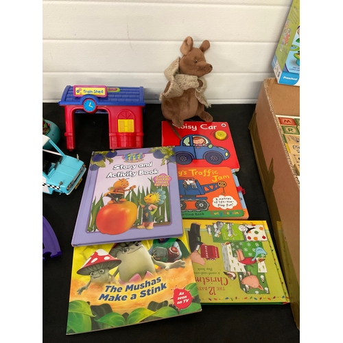 239 - CRATE AND BOX OF CHILDRENS TOYS TO INCLUDE EARLY LEARNING TRSIN AND TRACK, STORY BOOKS, ALPHABET BLO... 