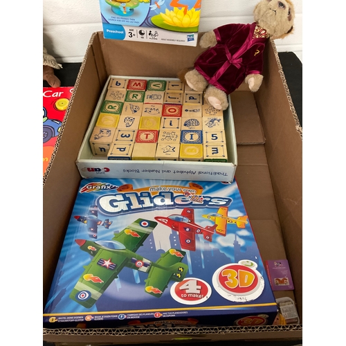 239 - CRATE AND BOX OF CHILDRENS TOYS TO INCLUDE EARLY LEARNING TRSIN AND TRACK, STORY BOOKS, ALPHABET BLO... 