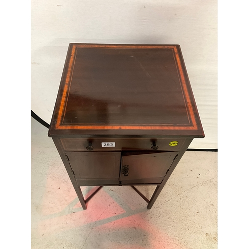 283 - MAHOGANY INLAID EDWARDIAN POT CUPBOARD,DUMMY DRAWER OVER 2 DOORS AND DRAWER BELOW ON STRETCHERED BAS... 