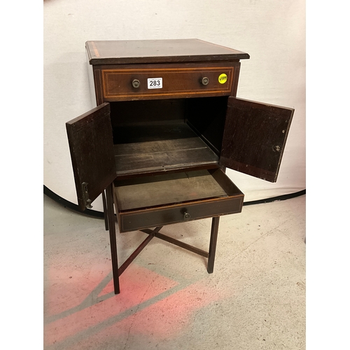 283 - MAHOGANY INLAID EDWARDIAN POT CUPBOARD,DUMMY DRAWER OVER 2 DOORS AND DRAWER BELOW ON STRETCHERED BAS... 